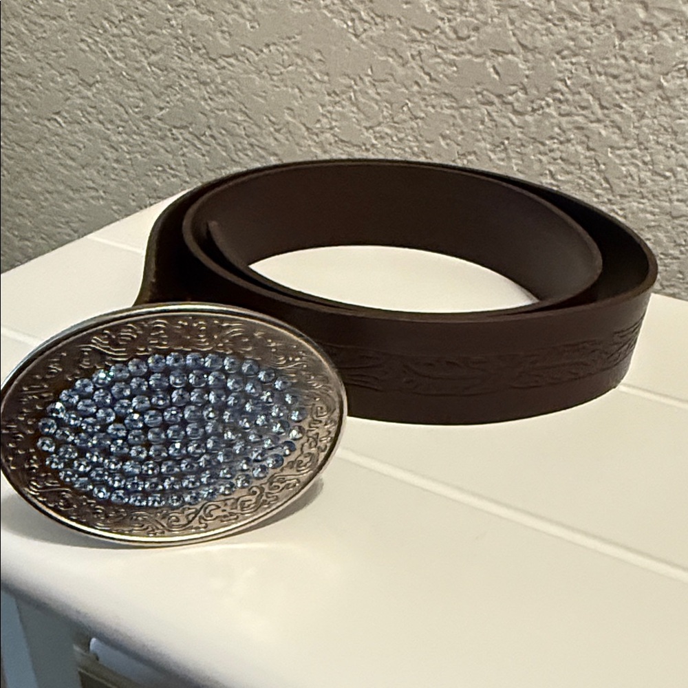 Vintage Brown Leather Belt with Silver and Blue Rhinestone Buckle